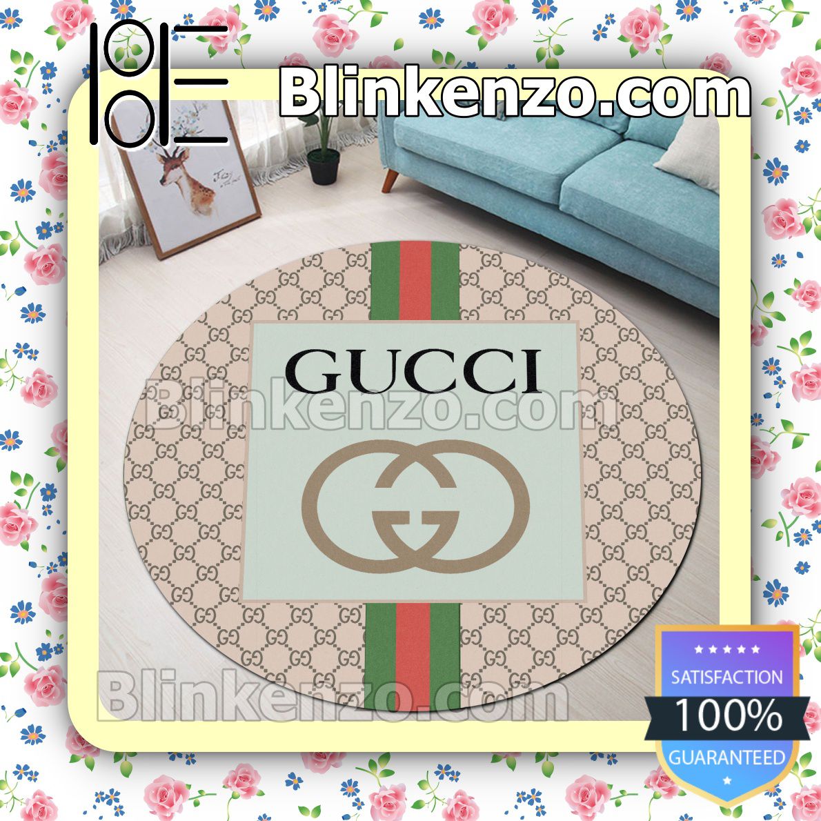 Gucci Beige Monogram With Logo In Green Square And Color Stripes Round Carpet Runners