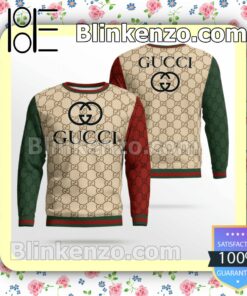 Gucci Beige Monogram With Red And Green Sleeves Mens Sweater
