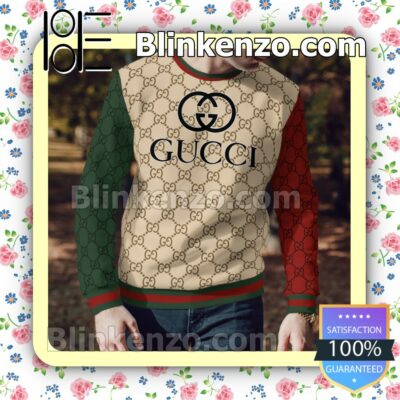 Gucci Beige Monogram With Red And Green Sleeves Mens Sweater a