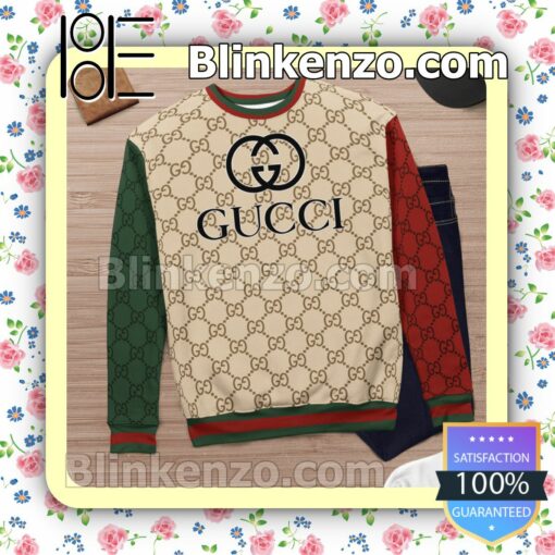Gucci Beige Monogram With Red And Green Sleeves Mens Sweater c