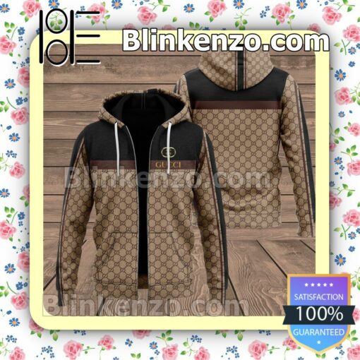 Gucci Black Mix Brown Monogram Basic Full-Zip Hooded Fleece Sweatshirt
