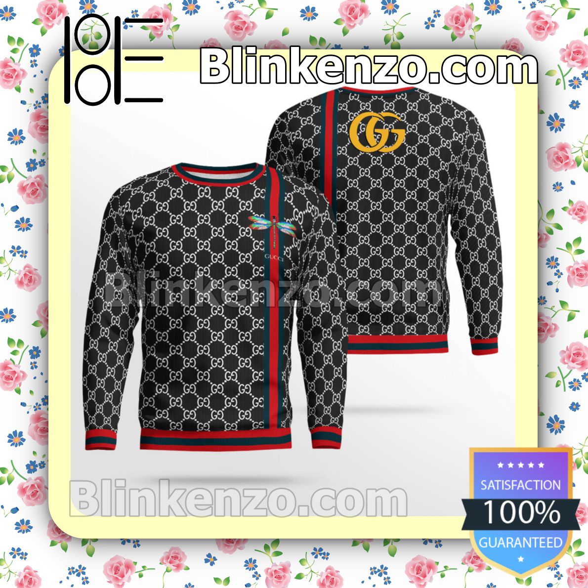 Gucci Black Monogram With Dragonfly On Color Stripes Mens Sweater