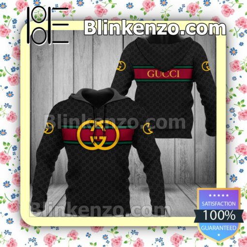 Gucci Black Monogram With Logo On Horizontal Stripes Full-Zip Hooded Fleece Sweatshirt