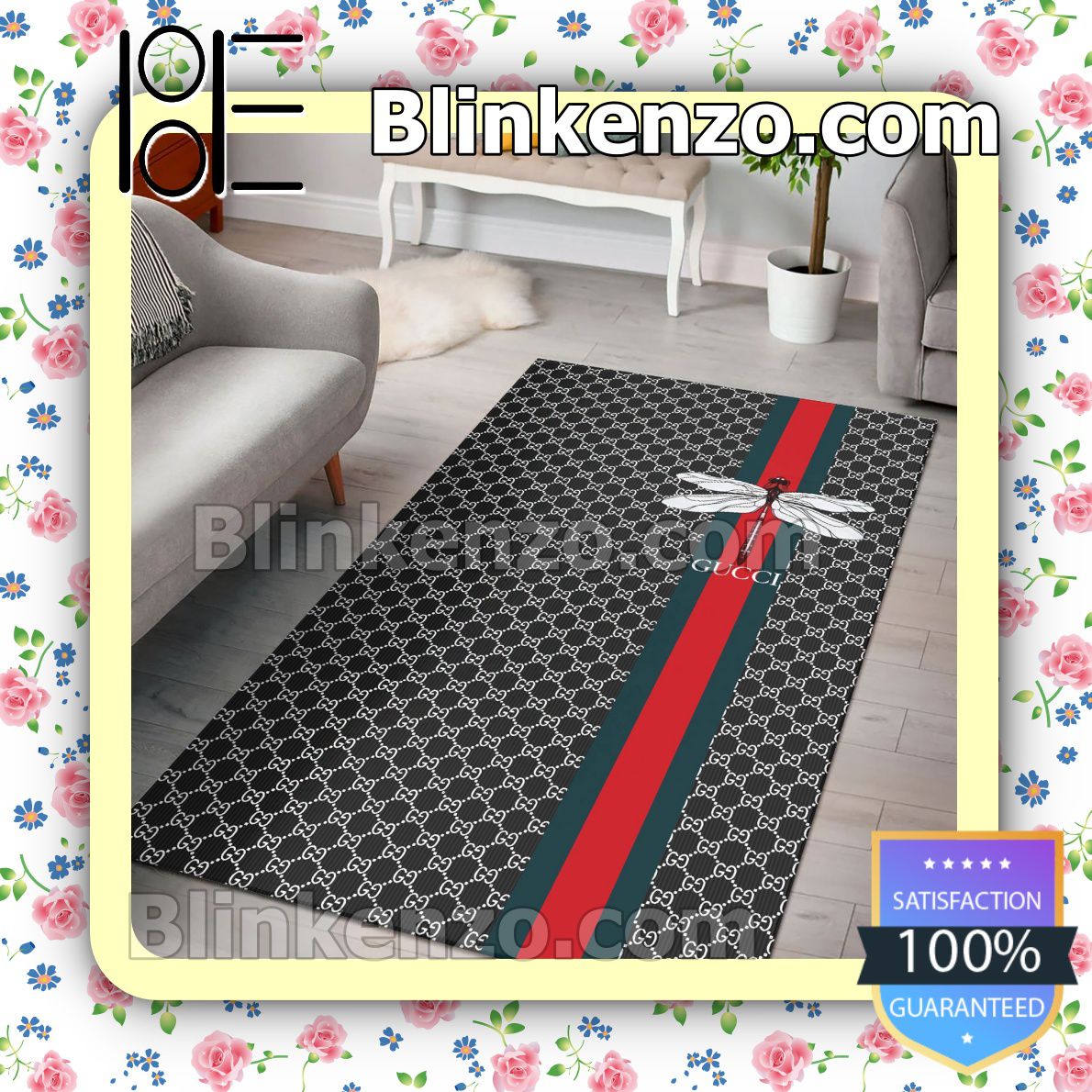 Gucci Dragonfly On Color Stripes Black Monogram Carpet Runners