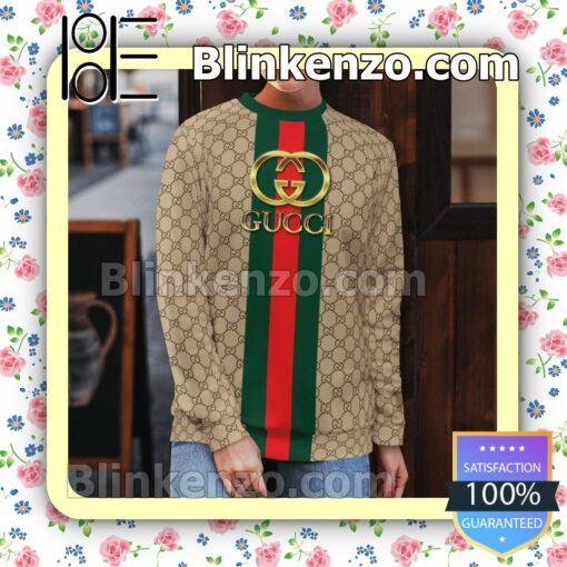 Gucci Gold Logo On Green And Red Vertical Stripes Mens Sweater b