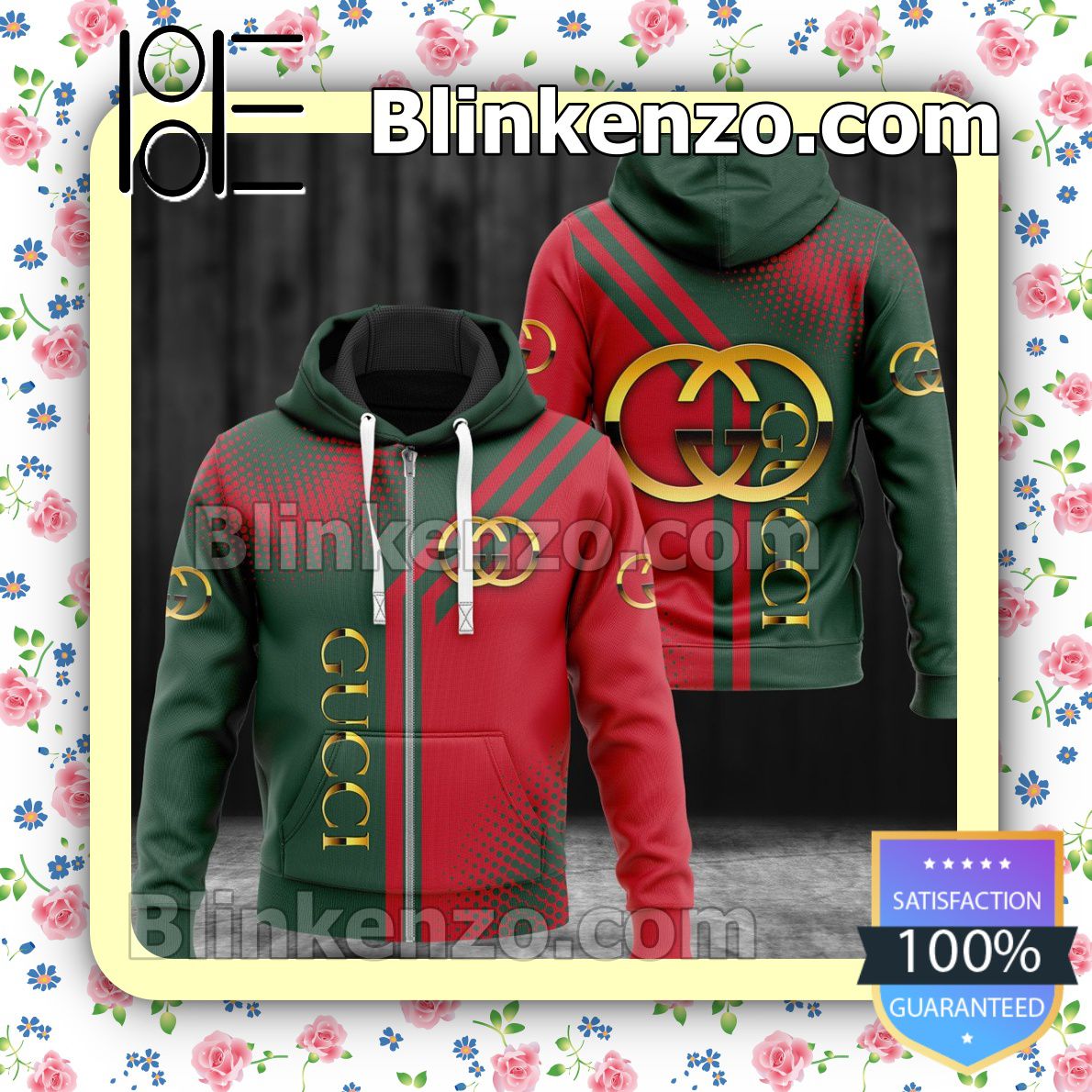 Check out Gucci Halftone Abstract Red And Green Circle Full-Zip Hooded Fleece Sweatshirt