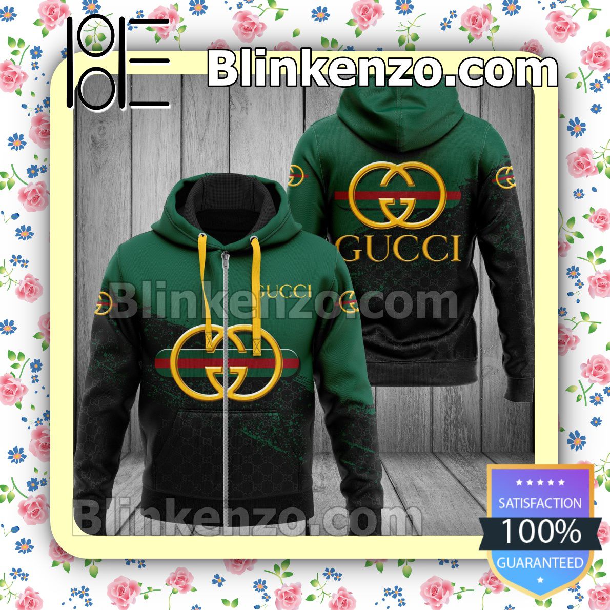 Adorable Gucci Logo Center Half Black Monogram Half Green Full-Zip Hooded Fleece Sweatshirt