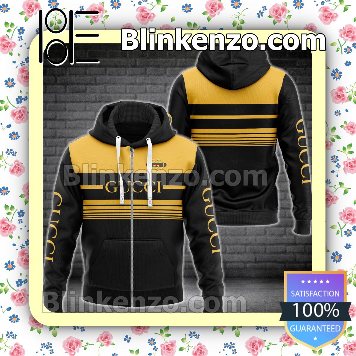 The cheapest Gucci Luxury Black With Yellow Horizontal Stripes Full-Zip Hooded Fleece Sweatshirt