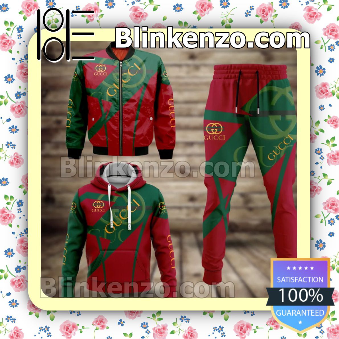 Gucci Luxury Brand Green And Red Fleece Hoodie, Pants