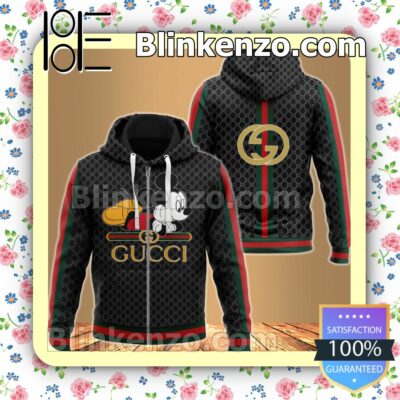 Gucci Mickey Mouse Black Monogram With Red Green Stripes Full-Zip Hooded Fleece Sweatshirt