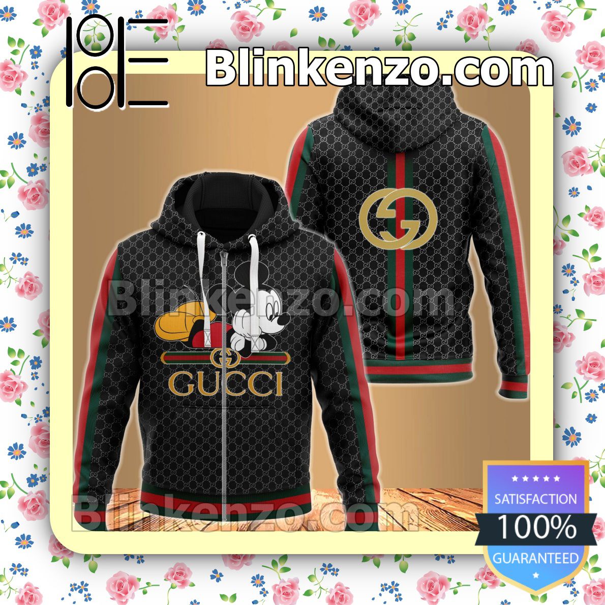 Gorgeous Gucci Mickey Mouse Black Monogram With Red Green Stripes Full-Zip Hooded Fleece Sweatshirt