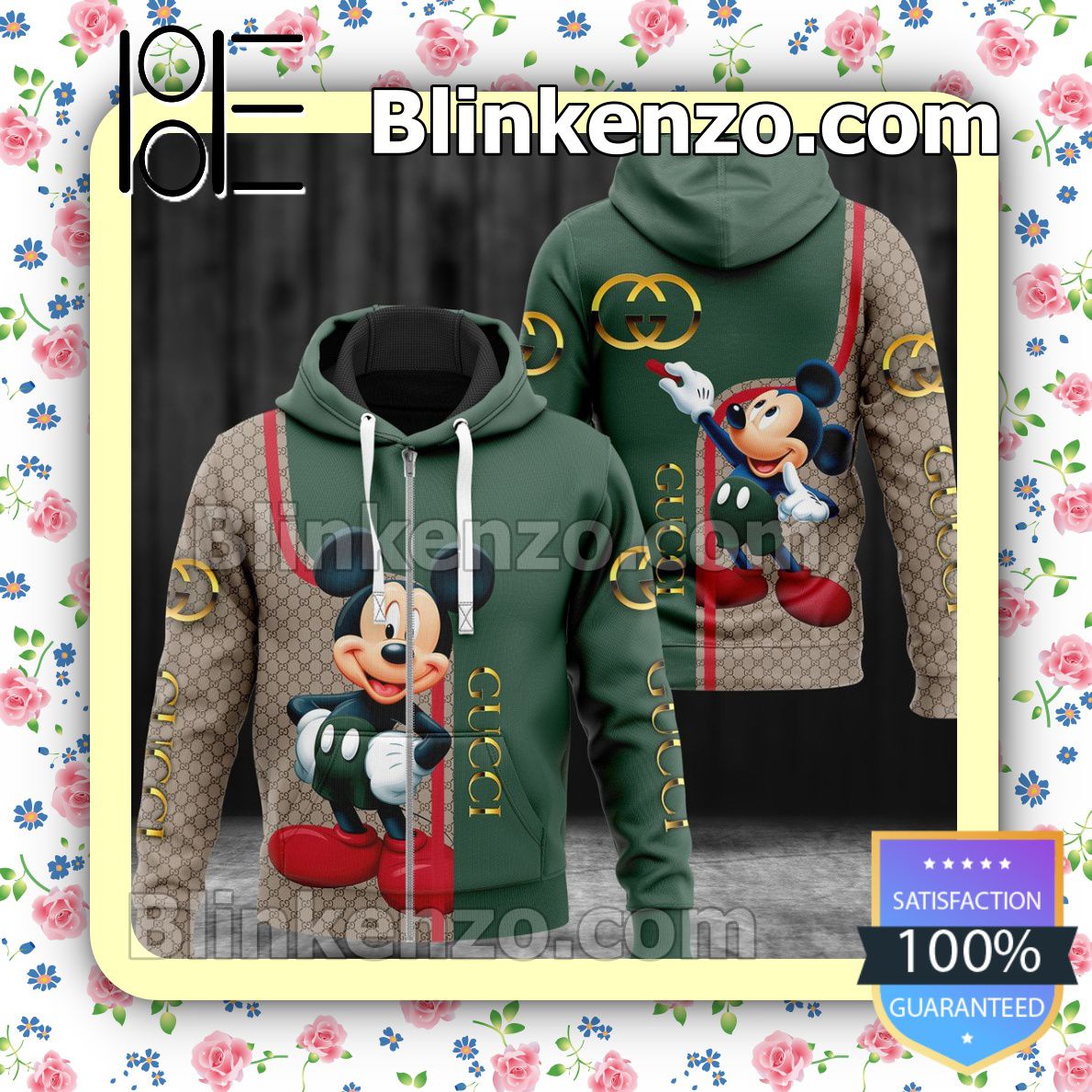 Top Rated Gucci Mickey Mouse Monogram Mix Green Full-Zip Hooded Fleece Sweatshirt