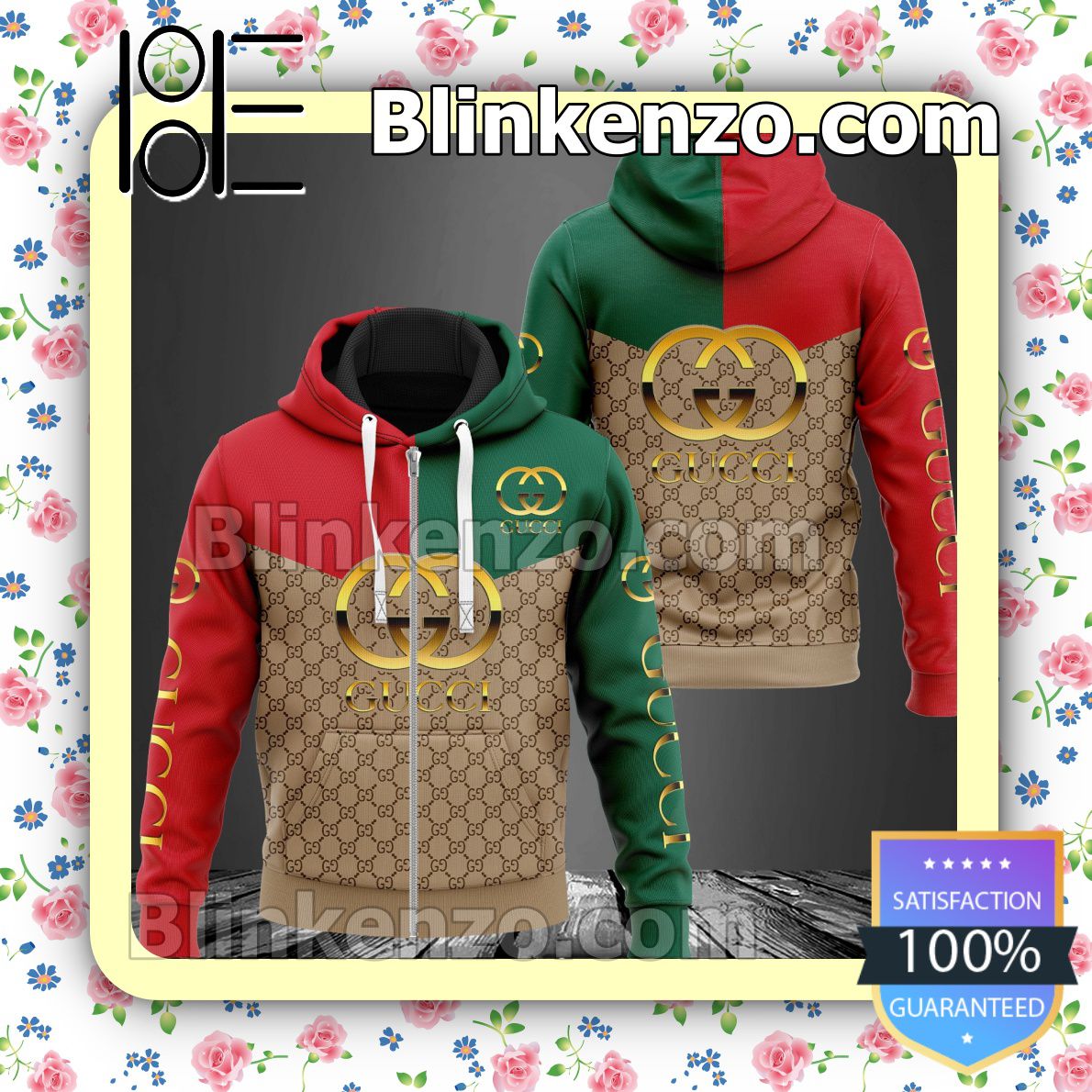 Amazon Gucci Mix Color Red Green And Brown Monogram Full-Zip Hooded Fleece Sweatshirt