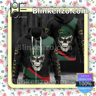 Gucci Skull Wearing Hat Black And Green Full-Zip Hooded Fleece Sweatshirt