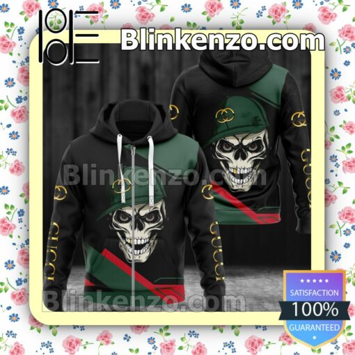 Gucci Skull Wearing Hat Black And Green Full-Zip Hooded Fleece Sweatshirt