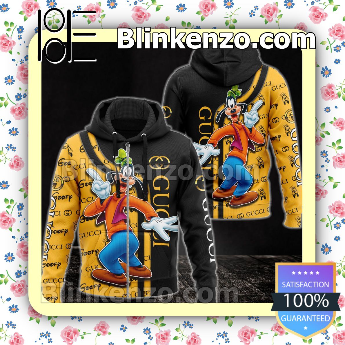 Best Gift Gucci With Goofy Black And Yellow Full-Zip Hooded Fleece Sweatshirt