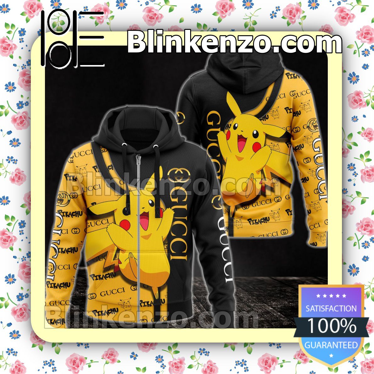 Present Gucci With Pikachu Black And Yellow Full-Zip Hooded Fleece Sweatshirt