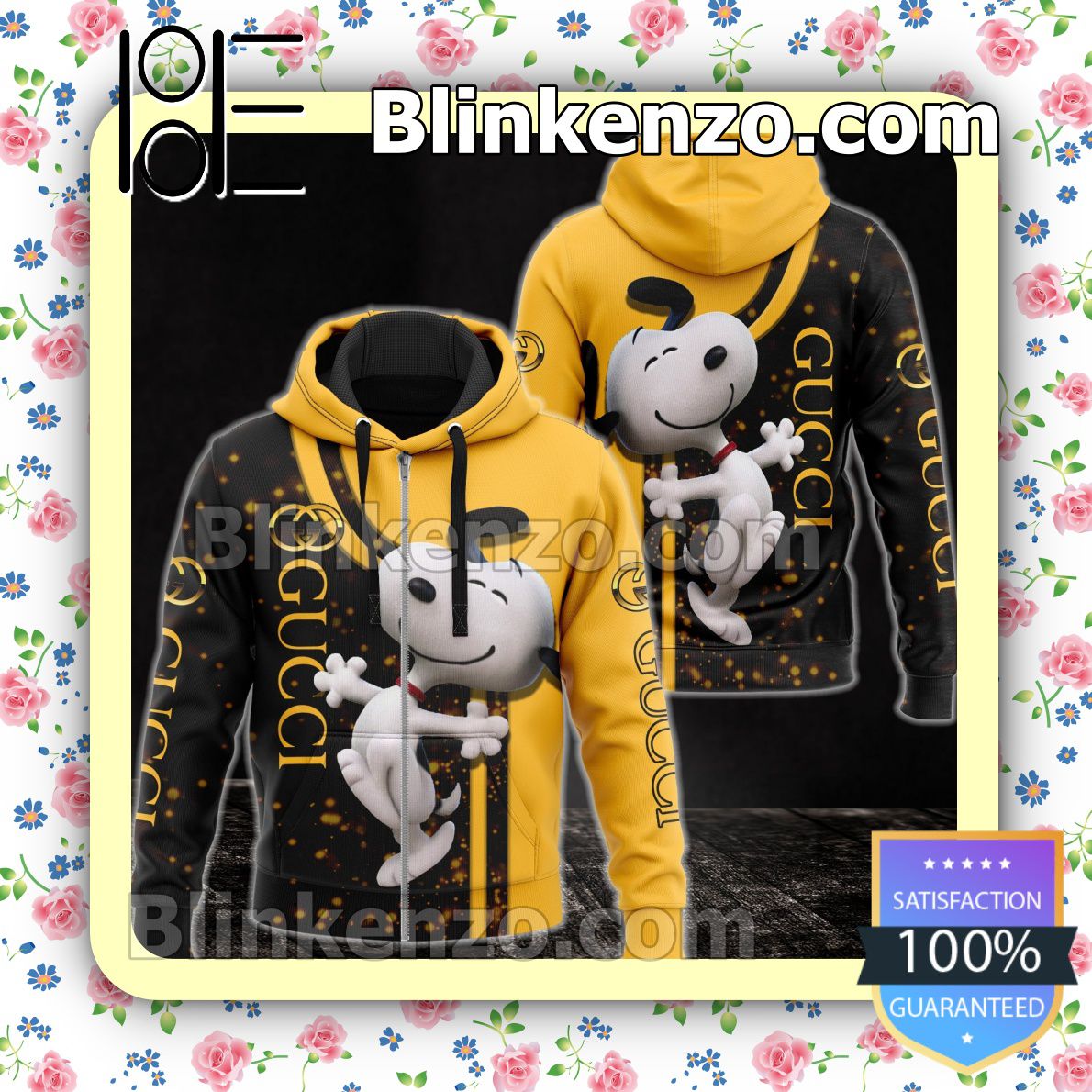 Great Quality Gucci With Snoopy Black And Yellow Full-Zip Hooded Fleece Sweatshirt