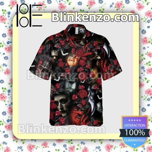 Horror Movie Characters Red Flower Halloween Short Sleeve Shirts b