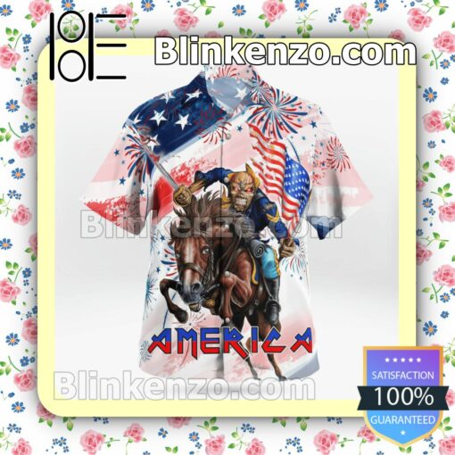 Iron Maiden American Flag Firework Pattern Casual Button Down Shirts b