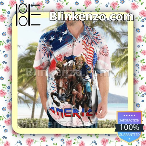 Iron Maiden American Flag Firework Pattern Casual Button Down Shirts c