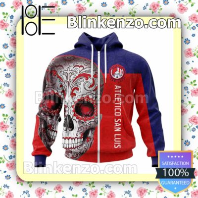 LIGA MX Atletico San Luis Sugar Skull For Dia De Muertos Customized Name Number Tee Hooded Sweatshirt a