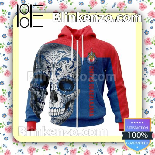 LIGA MX Chivas Guadalajara Sugar Skull For Dia De Muertos Customized Name Number Tee Hooded Sweatshirt a