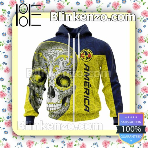 LIGA MX Club America Sugar Skull For Dia De Muertos Customized Name Number Tee Hooded Sweatshirt a