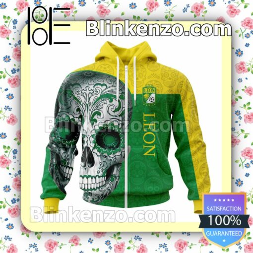 LIGA MX Club Leon Sugar Skull For Dia De Muertos Customized Name Number Tee Hooded Sweatshirt a