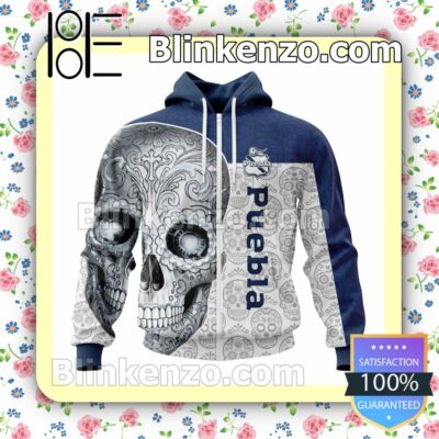 LIGA MX Club Puebla Sugar Skull For Dia De Muertos Customized Name Number Tee Hooded Sweatshirt a