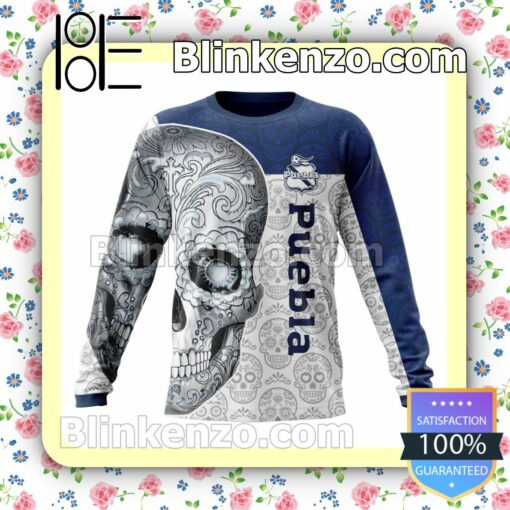 LIGA MX Club Puebla Sugar Skull For Dia De Muertos Customized Name Number Tee Hooded Sweatshirt c
