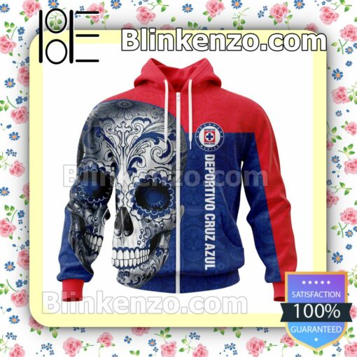 LIGA MX Cruz Azul Sugar Skull For Dia De Muertos Customized Name Number Tee Hooded Sweatshirt a