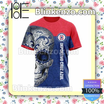 LIGA MX Cruz Azul Sugar Skull For Dia De Muertos Customized Name Number Tee Hooded Sweatshirt y