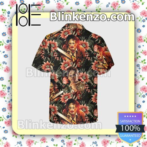 Leatherface Tropical Flower Halloween Short Sleeve Shirts a
