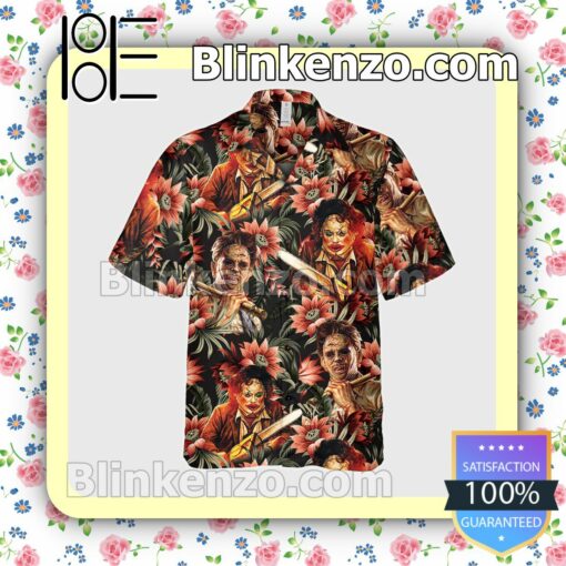 Leatherface Tropical Flower Halloween Short Sleeve Shirts b