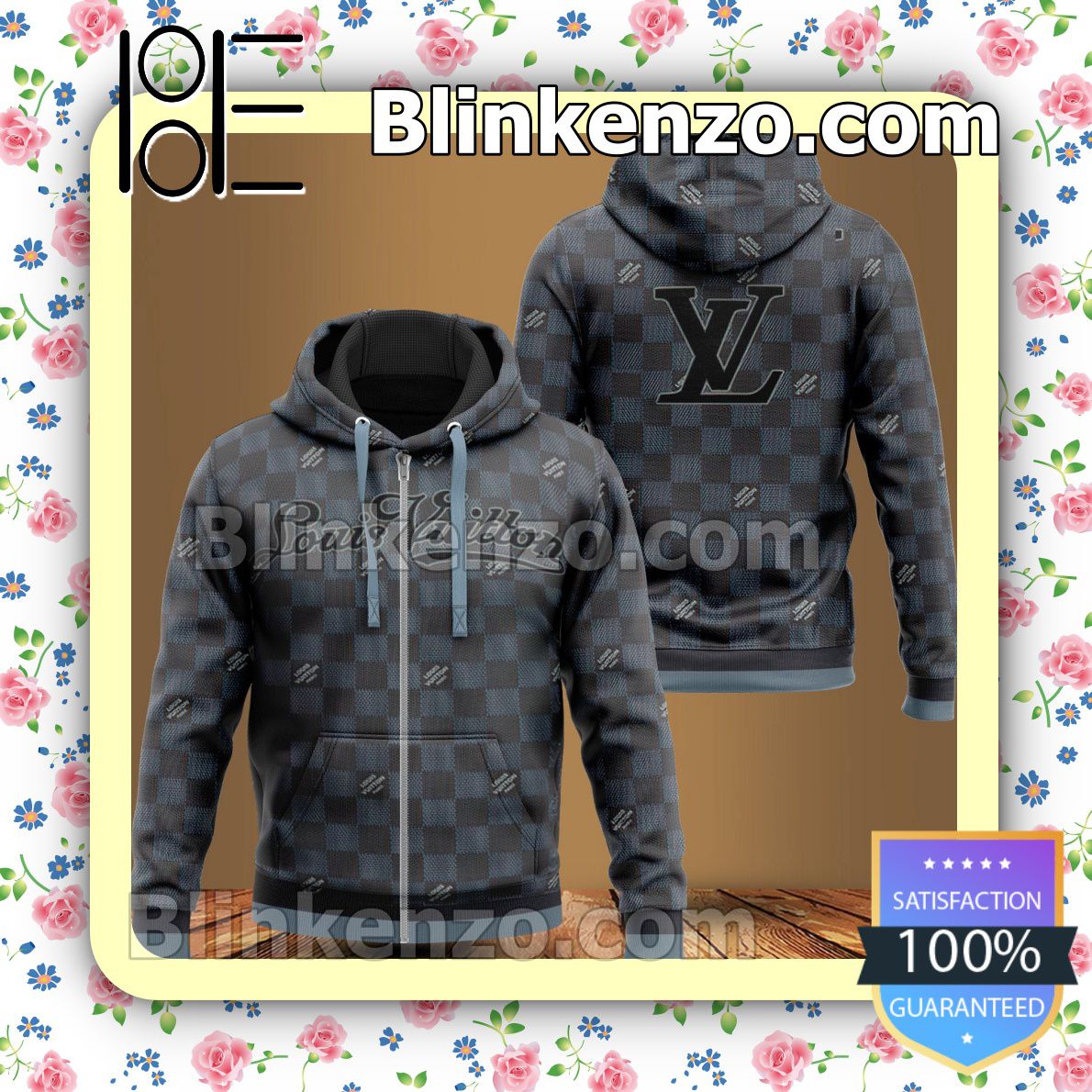 Popular Louis Vuitton Black And Blue Checkerboard Full Print Full-Zip Hooded Fleece Sweatshirt