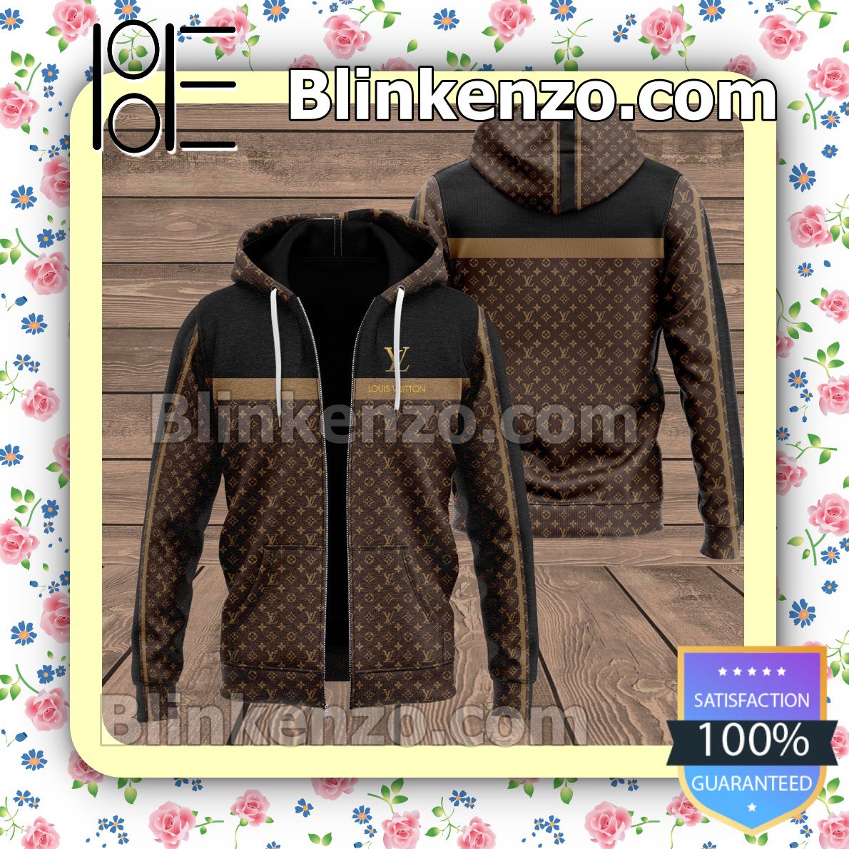 POD Louis Vuitton Dark Brown Monogram Black Line Full-Zip Hooded Fleece Sweatshirt