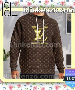 Louis Vuitton Dark Brown Monogram With Big Gold Logo Center Custom Womens Hoodie a