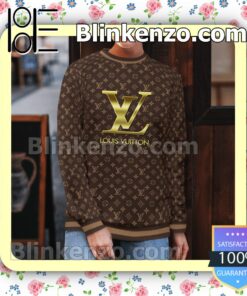 Louis Vuitton Dark Brown Monogram With Gold Logo Center Mens Sweater a