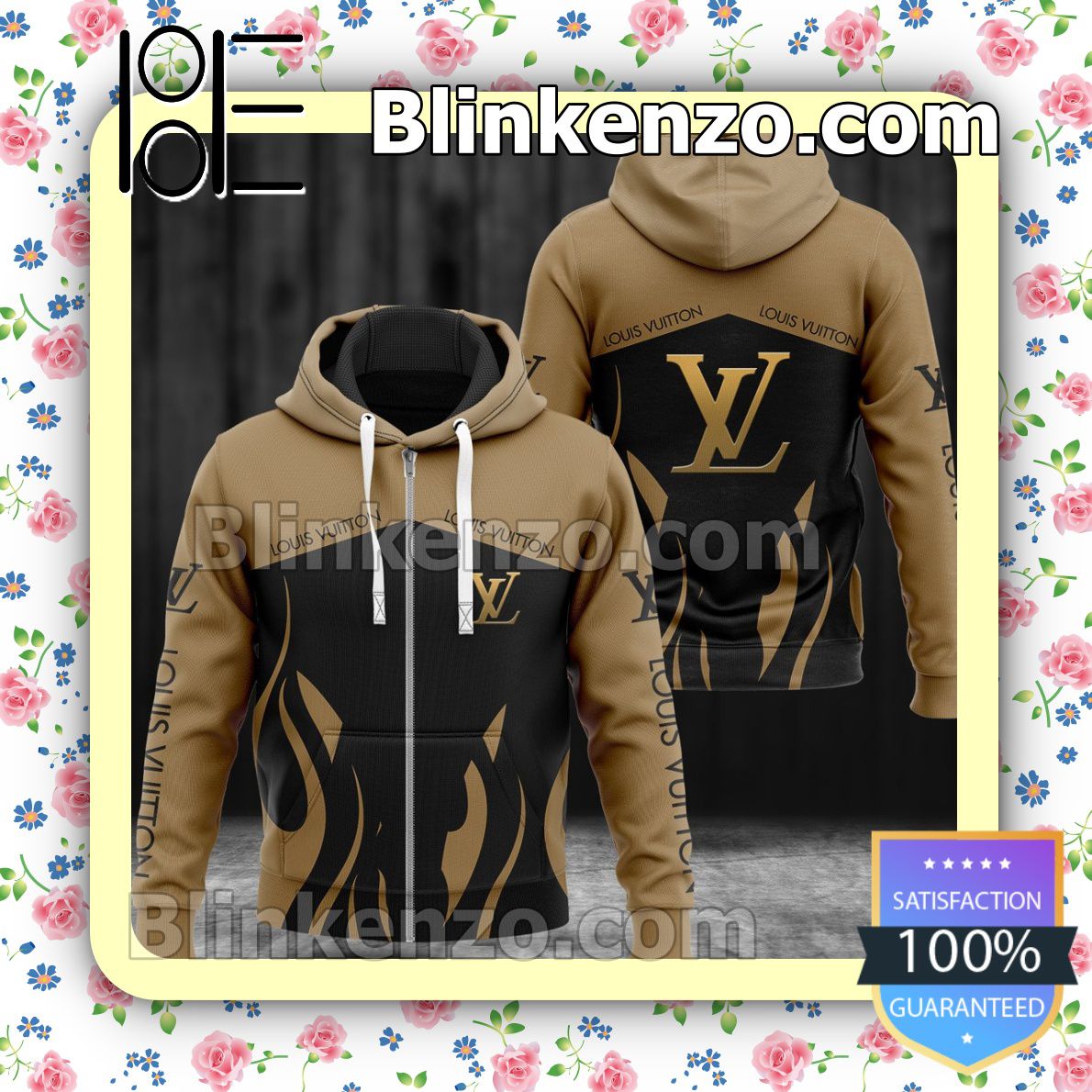 Present Louis Vuitton Fire Pattern Black And Brown Full-Zip Hooded Fleece Sweatshirt