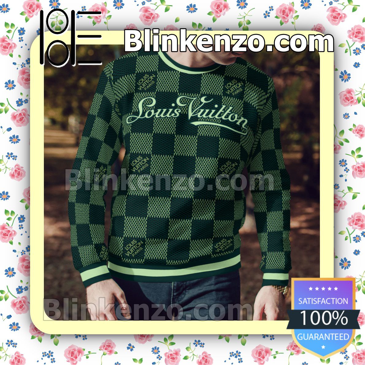 Luxury Louis Vuitton Green Checkerboard Mens Sweater