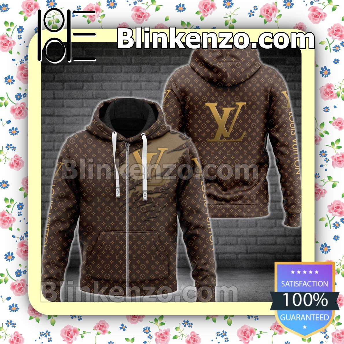 Popular Louis Vuitton Logo Torn Ripped Dark Brown Monogram Full-Zip Hooded Fleece Sweatshirt