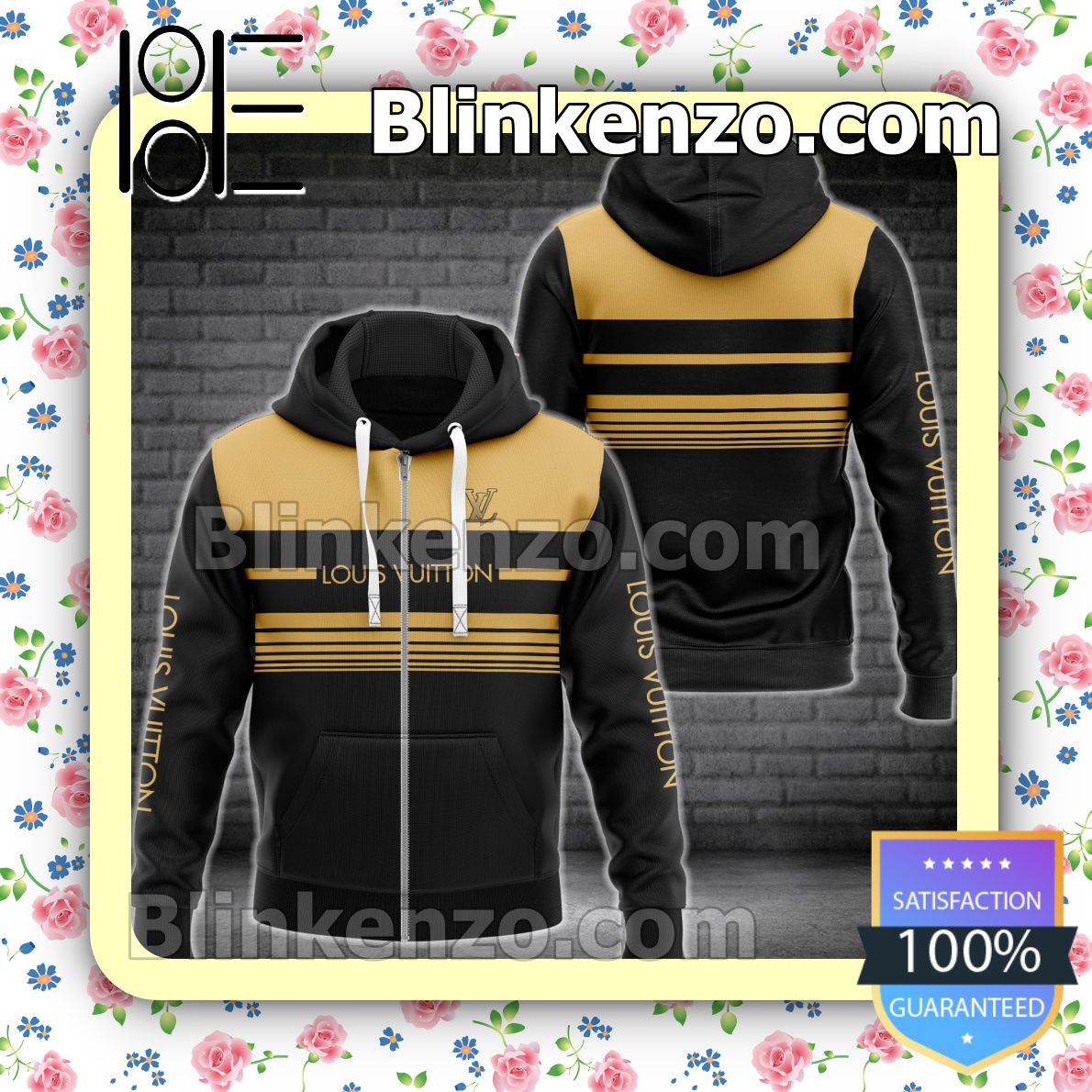 Discount Louis Vuitton Luxury Black With Yellow Horizontal Stripes Full-Zip Hooded Fleece Sweatshirt