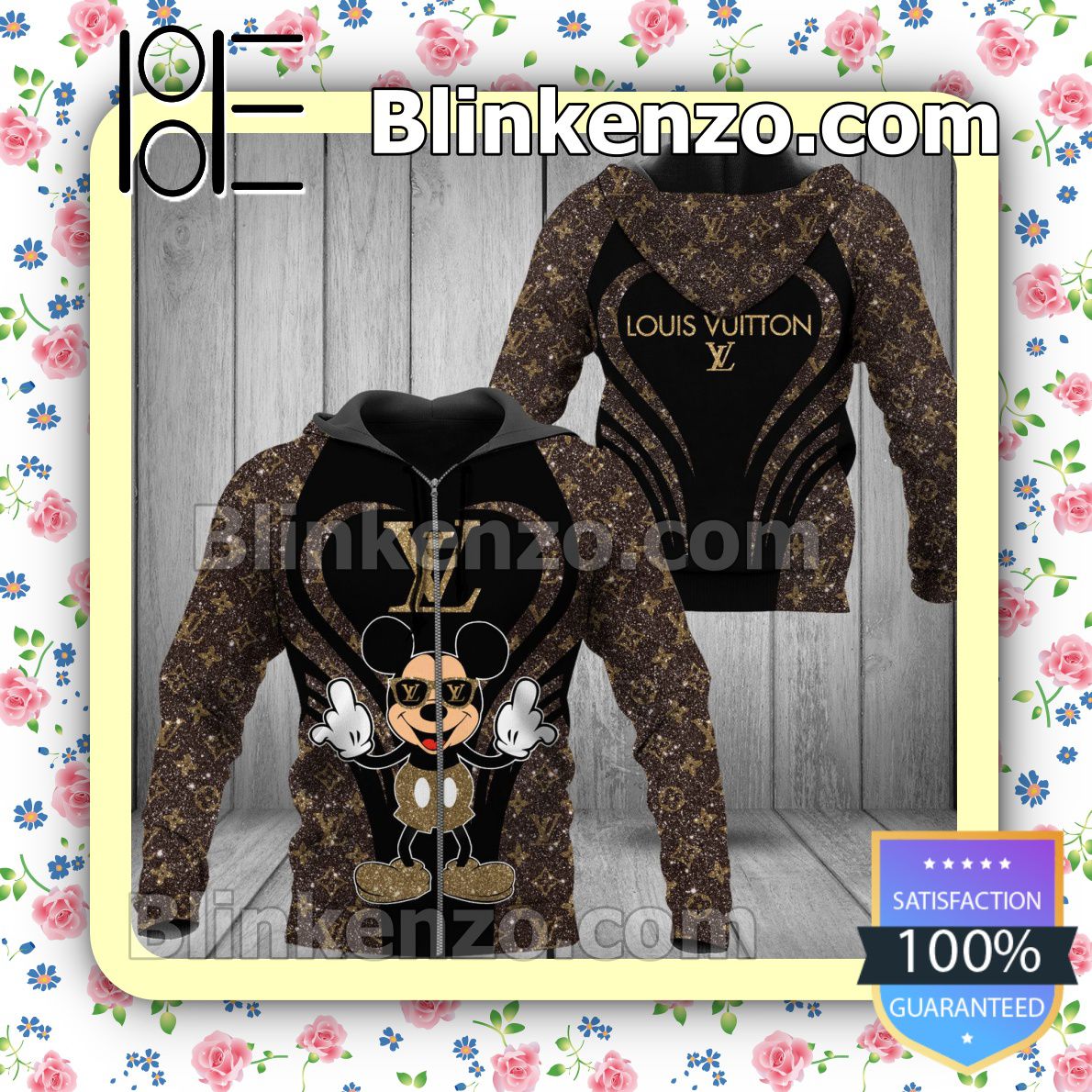 Sale Off Louis Vuitton Mickey Mouse Glitter Heart Full-Zip Hooded Fleece Sweatshirt