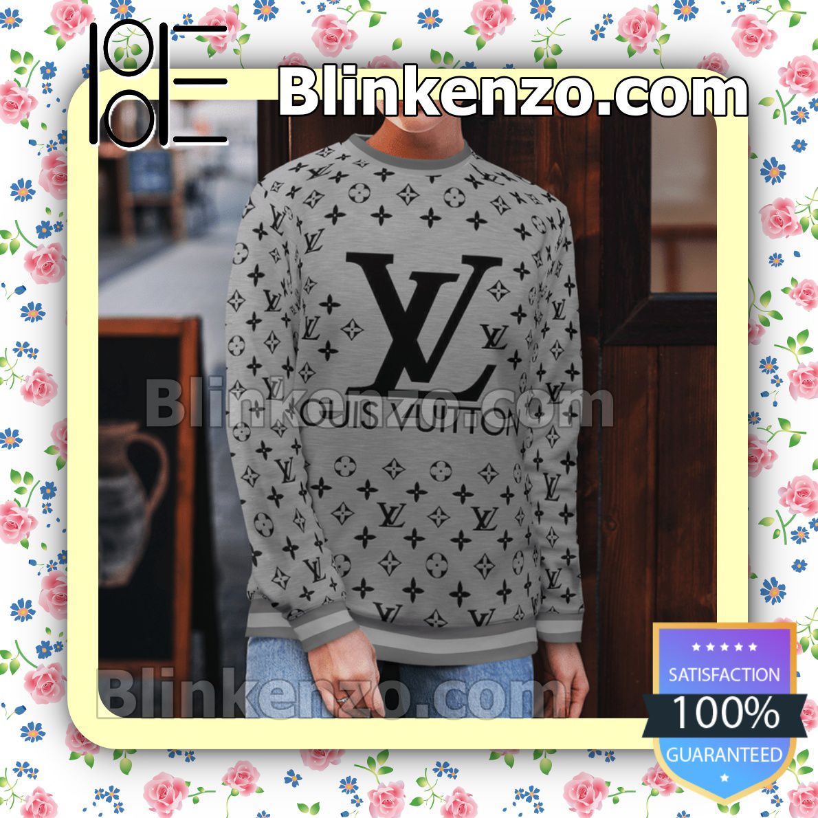 Father's Day Gift Louis Vuitton Monogram With Big Logo Center Grey Mens Sweater