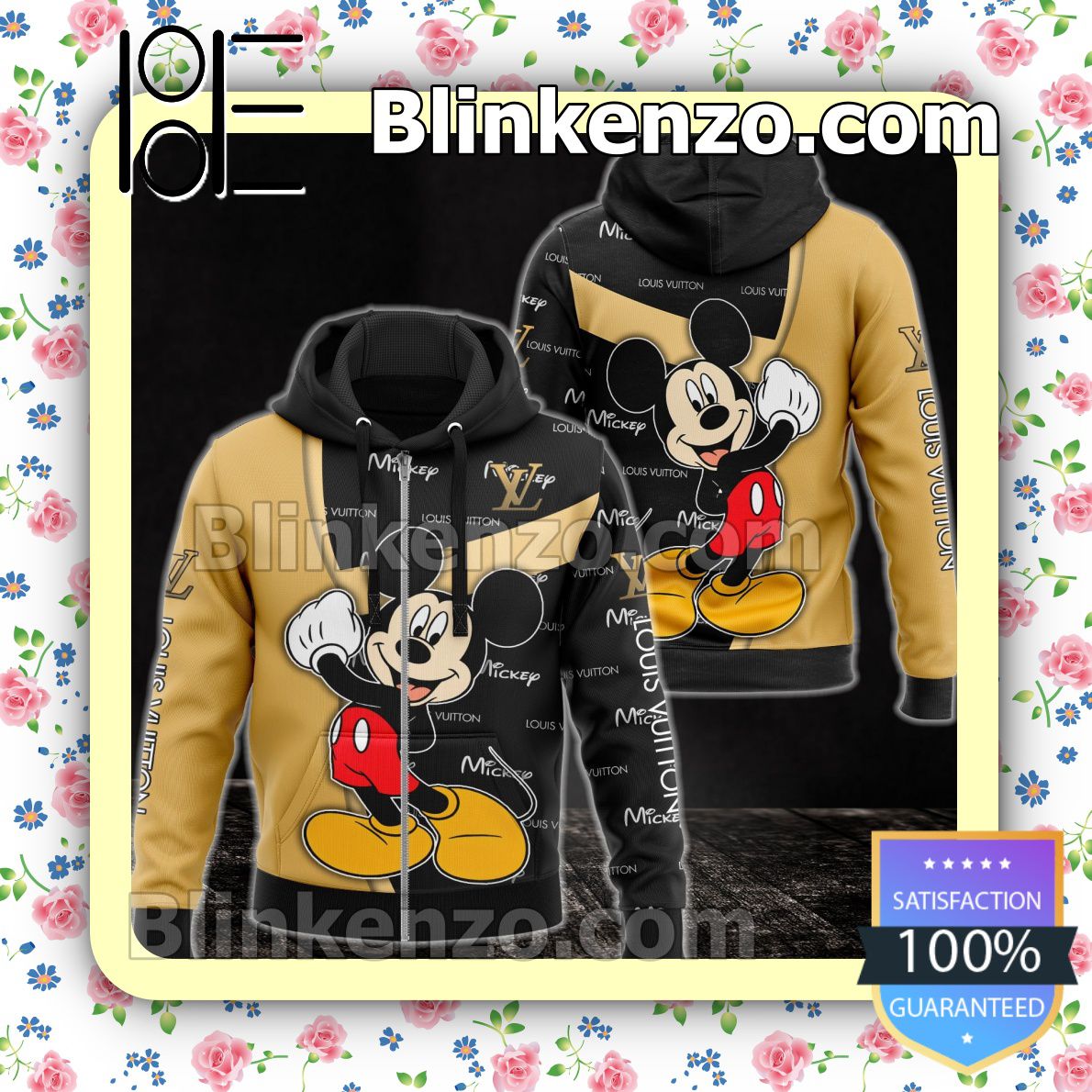 3D Louis Vuitton With Mickey Mouse Black And Brown Full-Zip Hooded Fleece Sweatshirt
