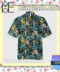 Michael Myers Holding A Knife Tropical Leaf Halloween Short Sleeve Shirts b