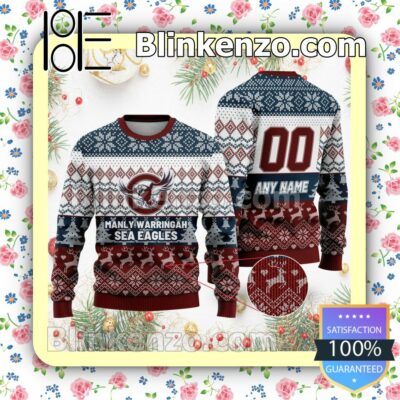 NRL Manly Warringah Sea Eagles Custom Name Number Knit Ugly Christmas Sweater a