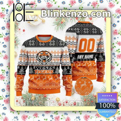 NRL Wests Tigers Custom Name Number Knit Ugly Christmas Sweater a