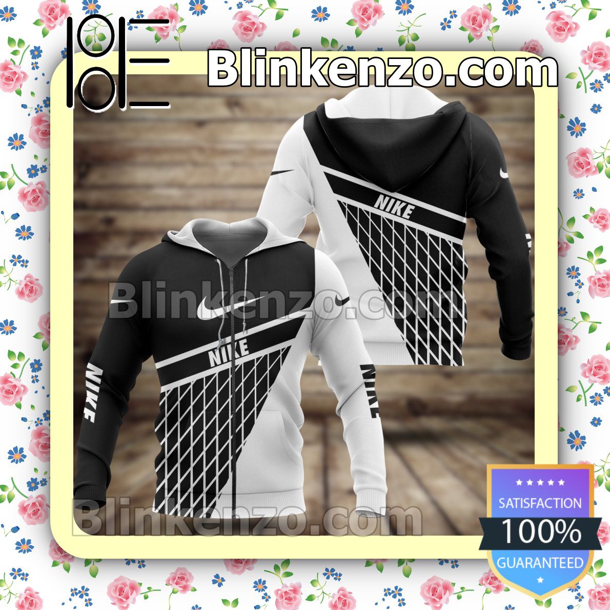 US Shop Nike Black And White With Rhombus Check Full-Zip Hooded Fleece Sweatshirt